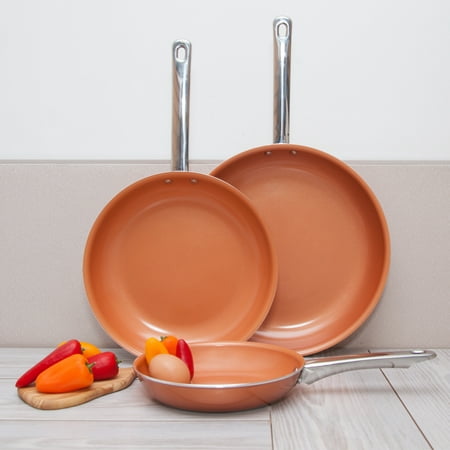 Healthy Non Stick Copper Ceramic 3 pcs. Induction Bottom Frying Pan Skillet (Best Value Non Stick Frying Pan)