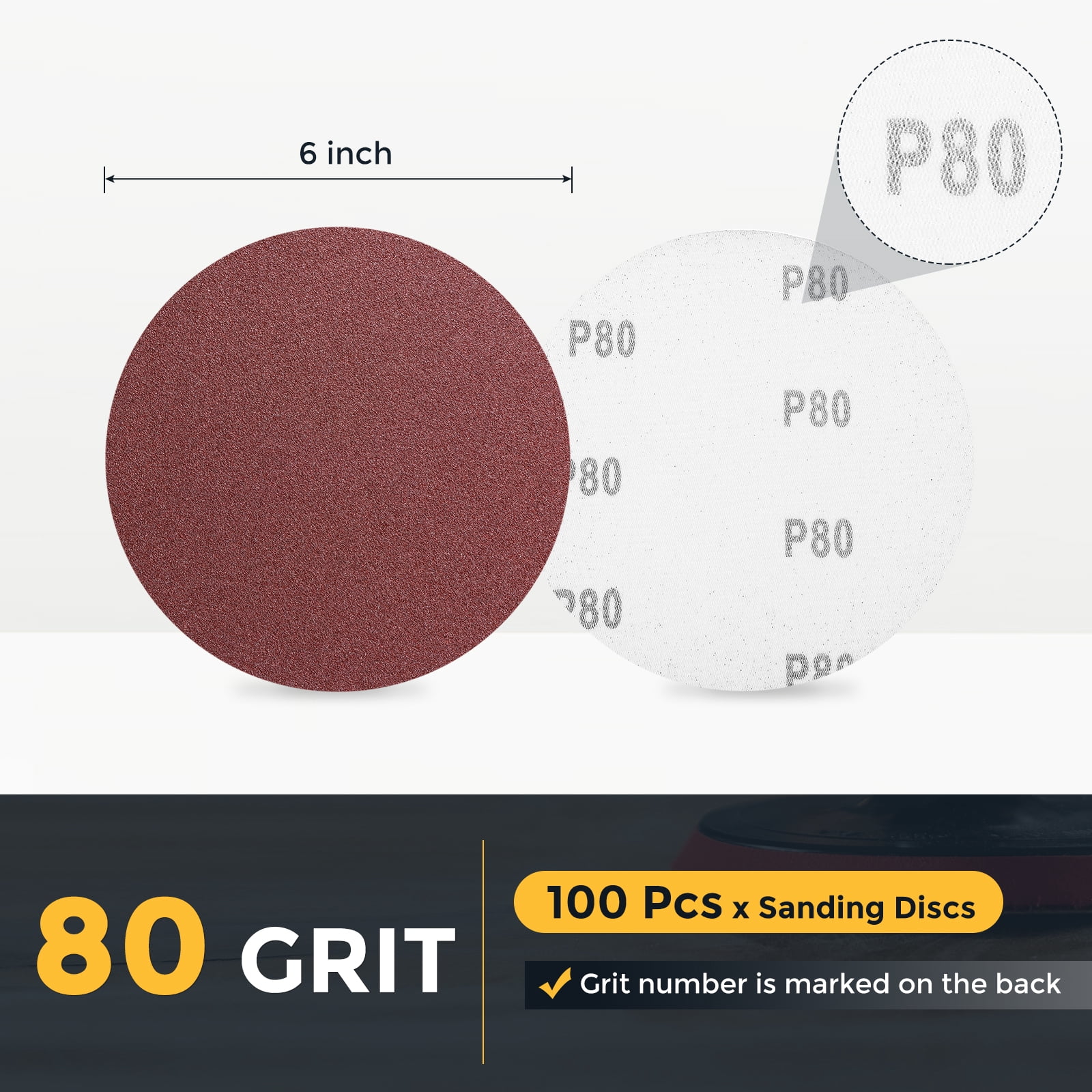 100 Pcs 6 Inch Sanding Disc 80 Grit Hook and Loop Sandpaper Random Orbital Sander Pads for Woodworking Automotive