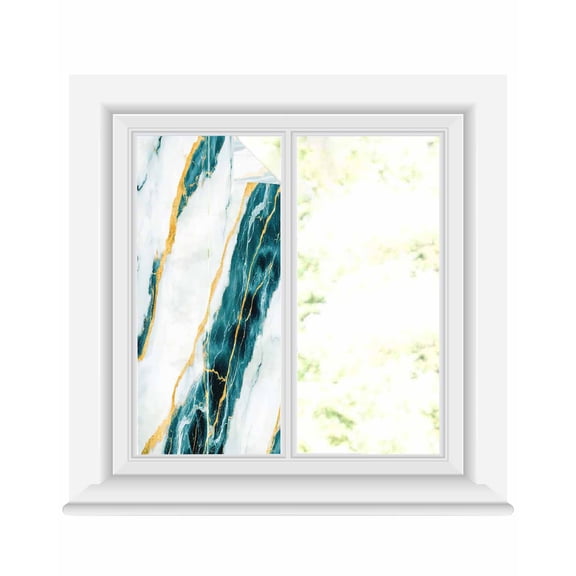 Window Privacy Film Marble Turquoise Stained Glass Window Film Decorative Sun Block Window Cover Gold Foil Ceramic Style Crack Scratch Window Clings Static Adhesive Sticker for Bathroom 17.7"x39.3"