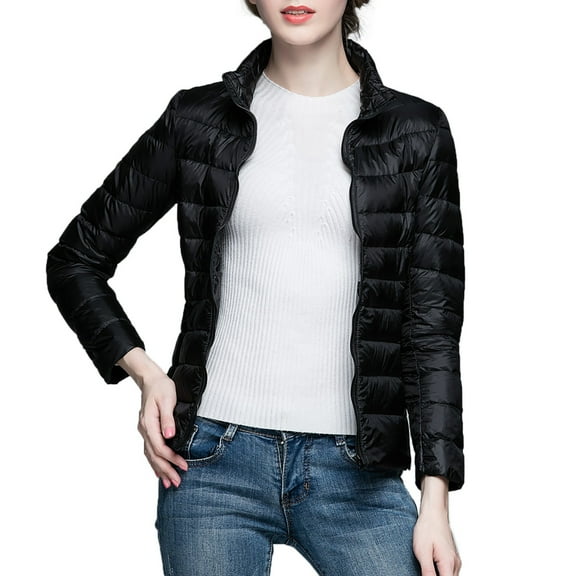 HNMKIU Women Winter Thin and Light Down Coat Casual Slim Quilted Jacket Womens Coats Stand Collar Warm Outerwear for Cold Weather Comfortable Fit 02_Black,L