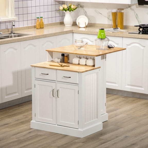 GVN Rolling Kitchen Table with 2-Level Rubber Wood Tabletop, Kitchen Island with Adjustable Shelves and Drawers for Living Room, Kicthen, White
