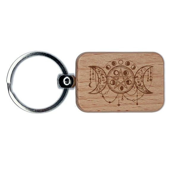 Triple Goddess Moon Waxing Full Waning Pentacle Rectangle Keychain Charm Tag - Engraved Wood