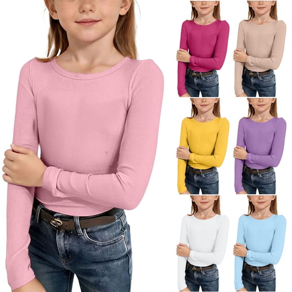 Pandaie Girls Long Sleeve Shirts Kids Crewneck Slim Fit Tops Cotton Ribbed Knit Tee Shirt Basic Solid Casual Fitted Blouse 5-14 Years