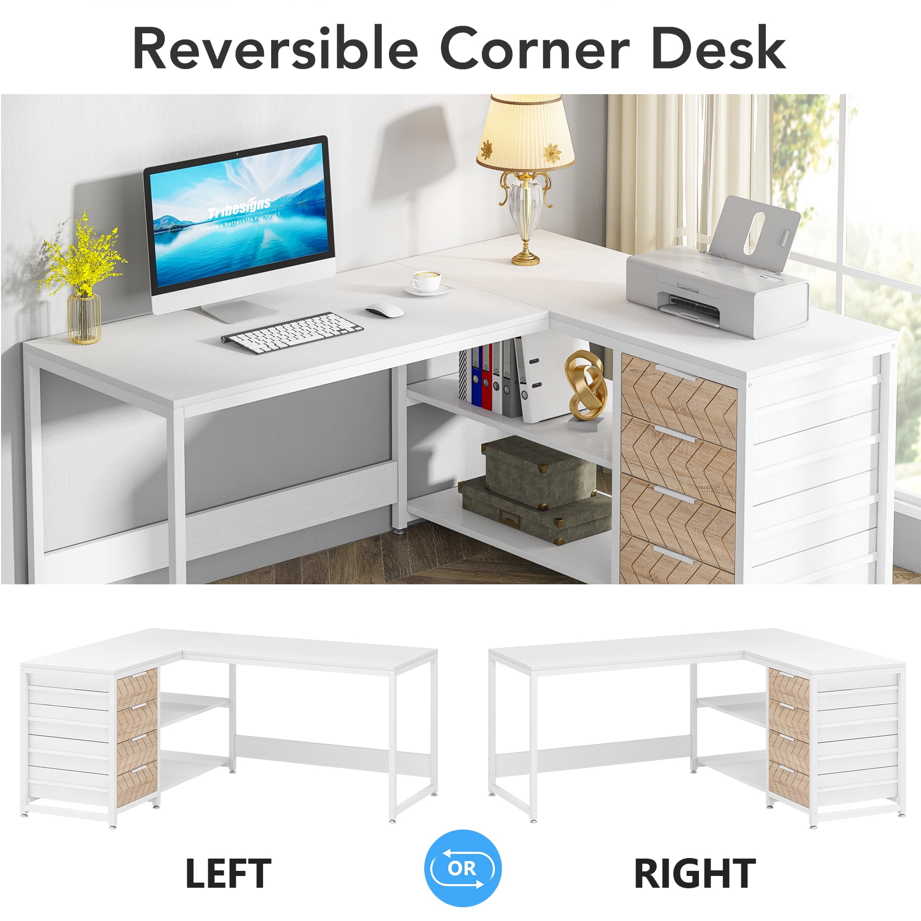 Tribesigns L-shaped Computer Desk, 59 inch Corner Desk with Drawers and Storage Shelves, Reversible Writing Study Table for Home Office, White