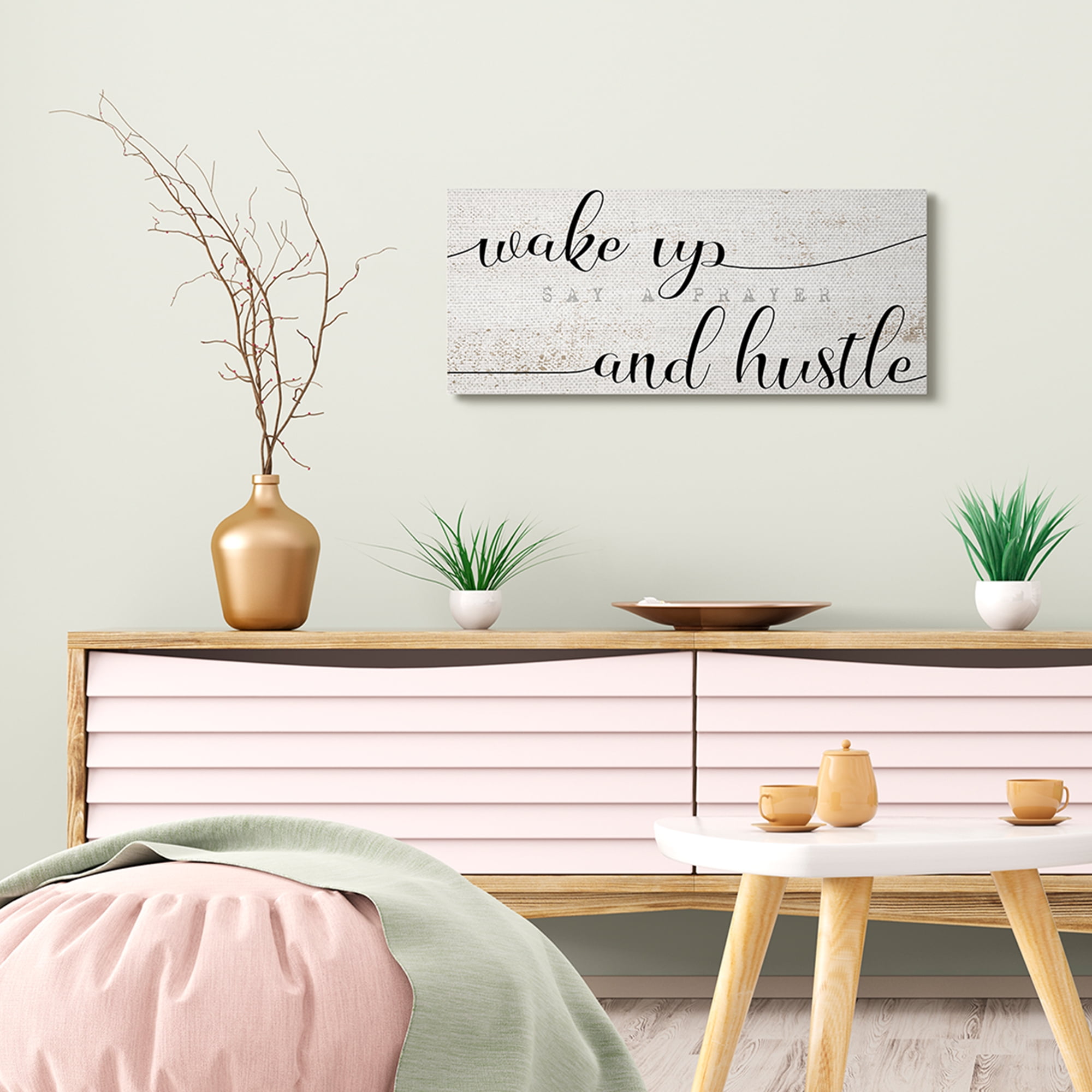 Stupell Industries Wake Up Say Prayer Hustle Phrase Distressed Paint Inspirational Painting Gallery Wrapped Canvas Art Print Wall Art, 13 x 30