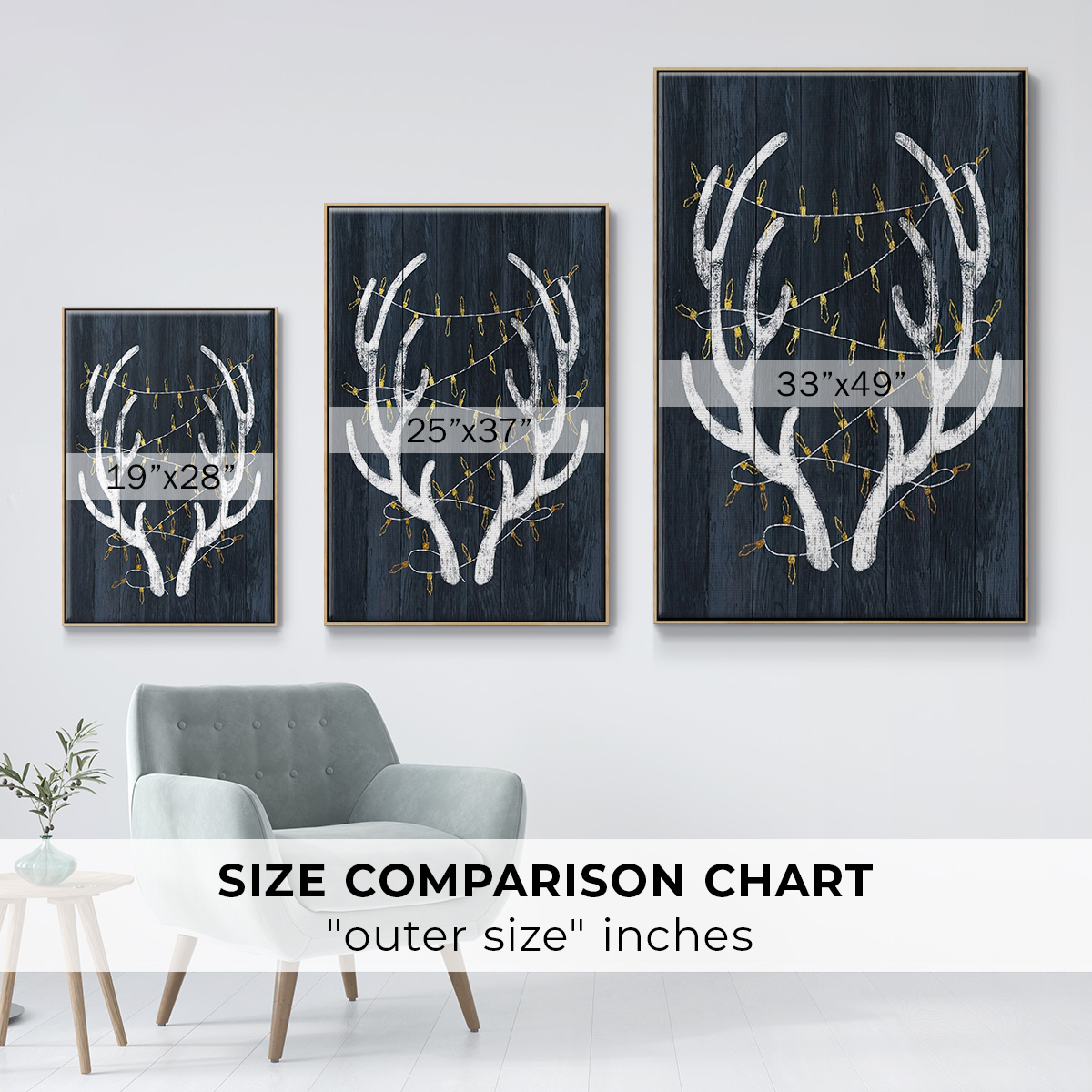 Antlers & Lights - Framed Gallery Wrapped Holiday Canvas - 25 x 37 - Natural Wood Frame
