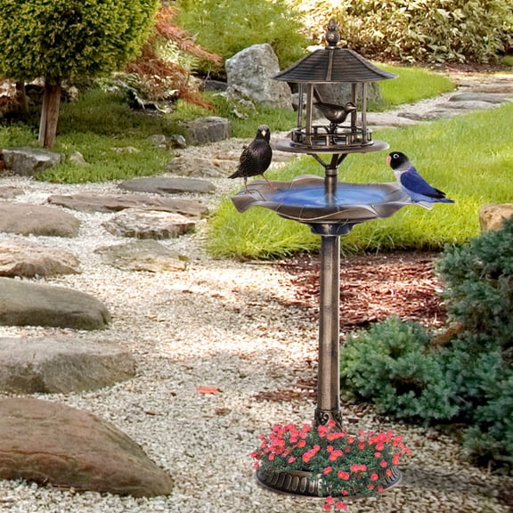 Outsunny 3-in-1 Garden Bird Bath Pedestal with Bird Feeder and Flower Planter, 20" Water Bowl, PP Plastic Outdoor Bird Bath Stand, Antique Gold
