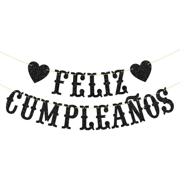 Feliz Cumpleaños Banner - Boy Girl Kid Adult Spanish Happy Birthday Party Garland Supplies - Fiesta Birthday Anniversary Party Decorations - Black Glitter