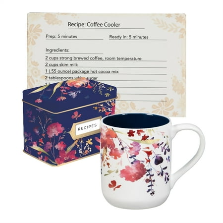 

Evergreen Recipe Tin with Recipe Cards and Ceramic Cups Watercolor Boho 4.72 x 3.26 x 0.8 inches