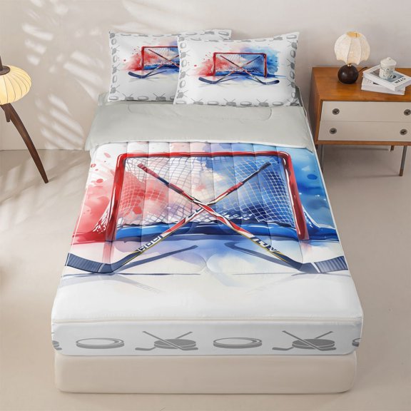 Homewish Watercolor Hockey Net Zipper Full Size Comforter Sets with Fitted Sheet and 2 Pillowcases, Sport Zipper Bedding Set, Gray Reversible, 4-Piece