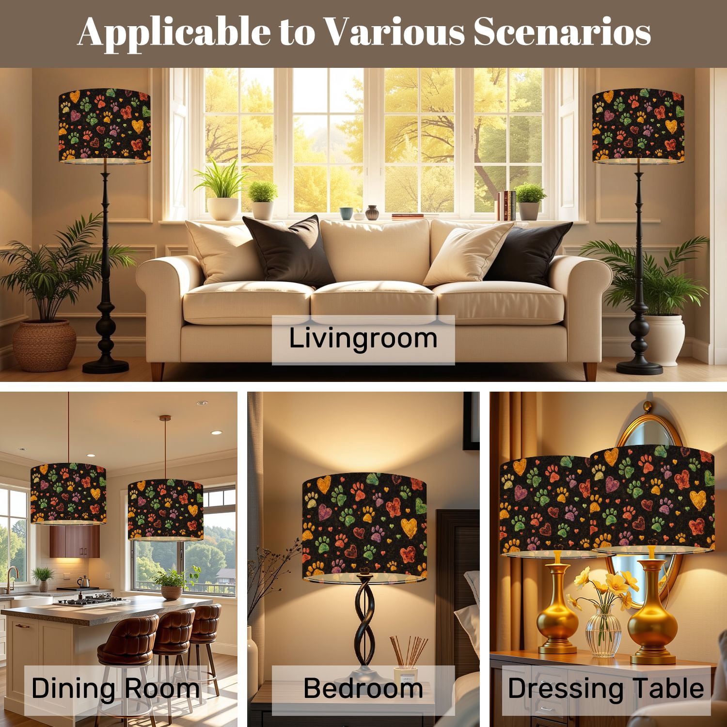 Lampshades 2 Pack Colorful doodle paw fabric black 13"x13"x10" Light Shade for Table Lamps Floor Lamp Shades Lampshade Replacement Easy Assembly