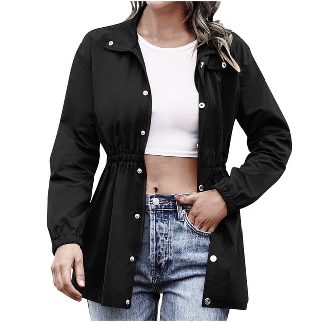 Women's Waterproof Windbreaker Hooded Drawstring Waist Lightweight Hiking Jacket Travel-Ready Minimalist Shell Outdoor Essential