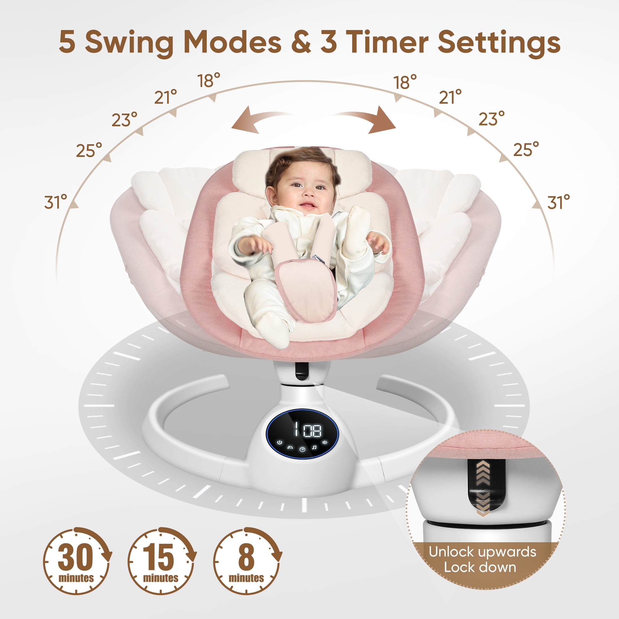 Babyeap Baby Swing for Infants,Bluetooth Control 5-point Harness Newborn Swing,5 Sway Speed,10 Lullabies(Pink)