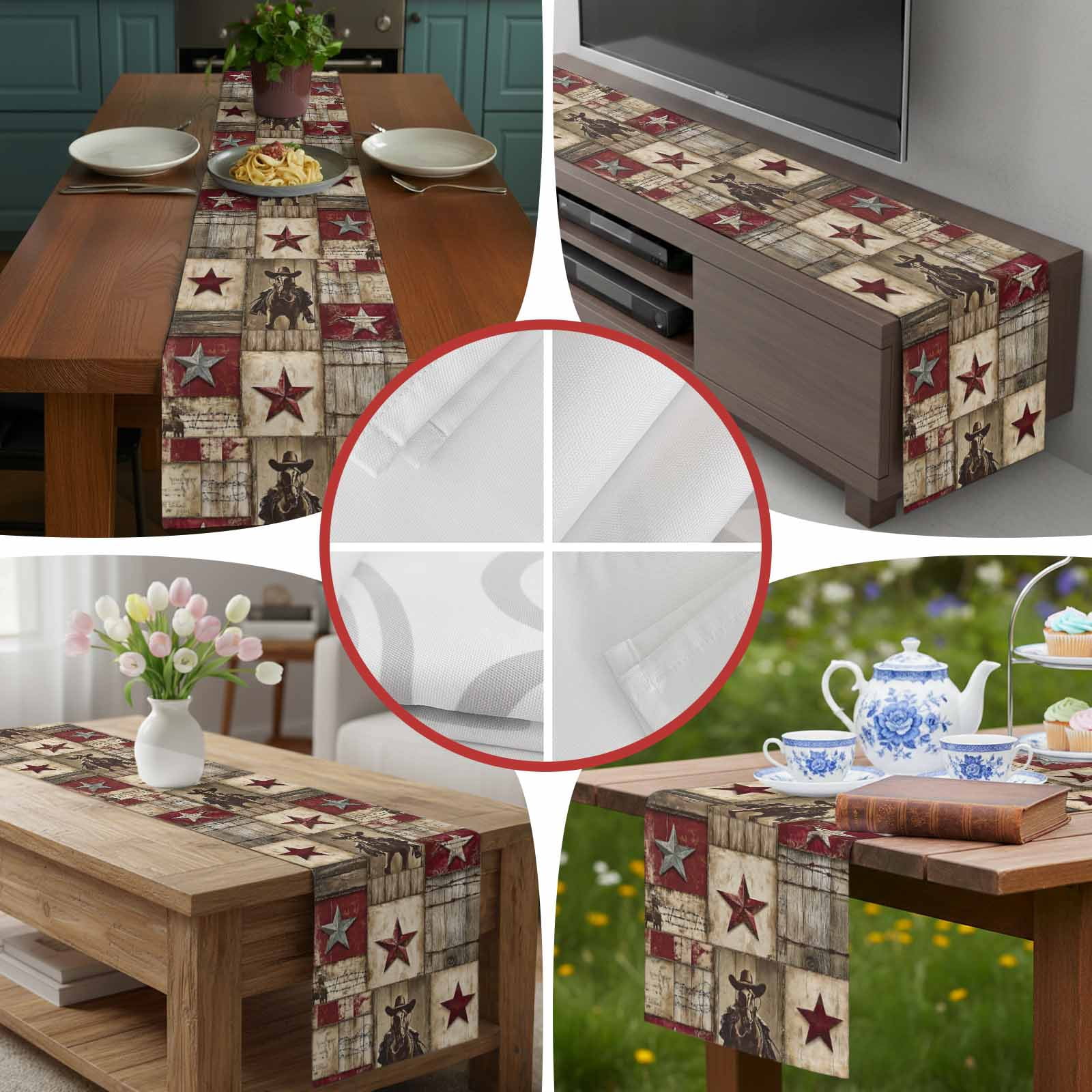 Vintage Texas Western Country Star Table Runner 90 Inches Long, Cowboy Horse Wooden Plank Table Runners Tabletop Scarf Kitchen Dining Tables Decoration for Home Party Indoor Outdoor