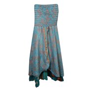 Mogul Womens Two Layer Sundress Blue Printed Silk Sari Vintage Long Skirts
