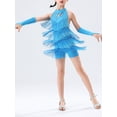 thumbnail image 5 of Alvivi Kids Girls Latin Ballroom Dancing Outfits Sleeveless Tassels Fringed Leotard Dresses with Gloves Sky Blue 13-14, 5 of 6