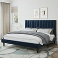 thumbnail image 2 of Amolife King Size Platform Bed Frame with Upholstered Velvet Channel Headboard, Dark Blue, 2 of 10