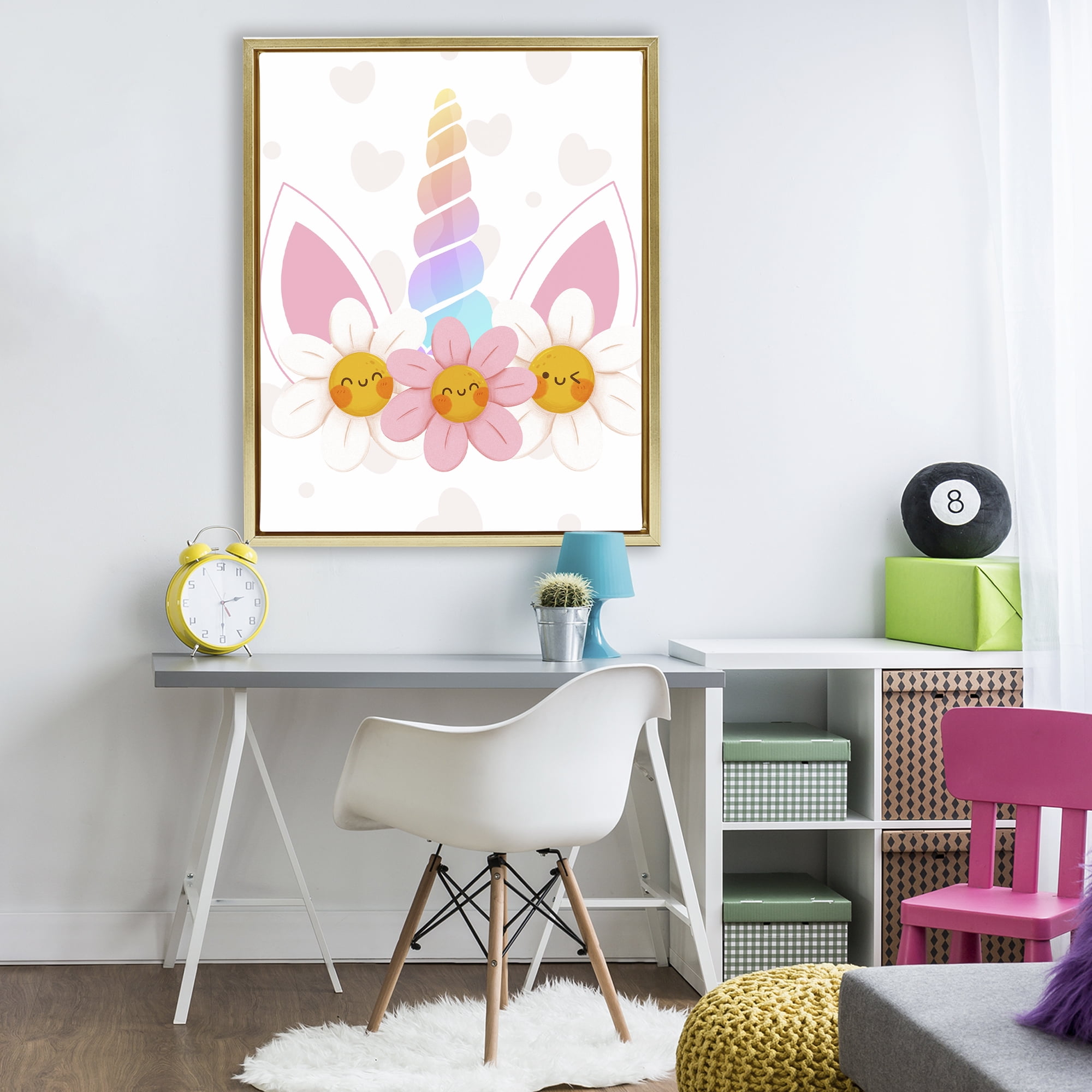 Daisy Unicorn with Hearts Gold Framed Floater Canvas Wall Art, design by Jesse Keith