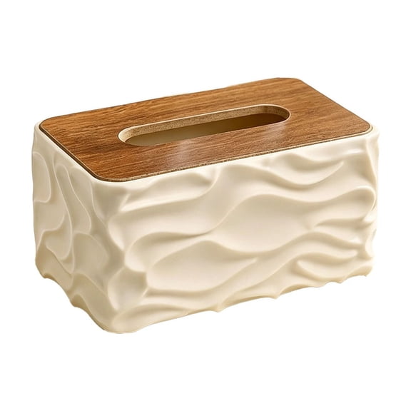 Beige Tissue Box Cover, Rectangular Decorative with Wave Design, Wood Lid, Lid Desktop Napkin, Modern Bathroom Tissue Holder, Living Room, Bedroom, Kitchen Counter Decor, 8.3 X 5.1 X 4.1 Inches