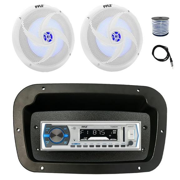 Pyle PLMRB29W Single DIN Bluetooth Marine MP3 Stereo Receiver, Spa bezel, Adapter Plate, 22" Radio Antenna, Wire, 2x 8'' 320 Watt Max 2-Way Blue Flashing LED Boat Audio Speakers (White)