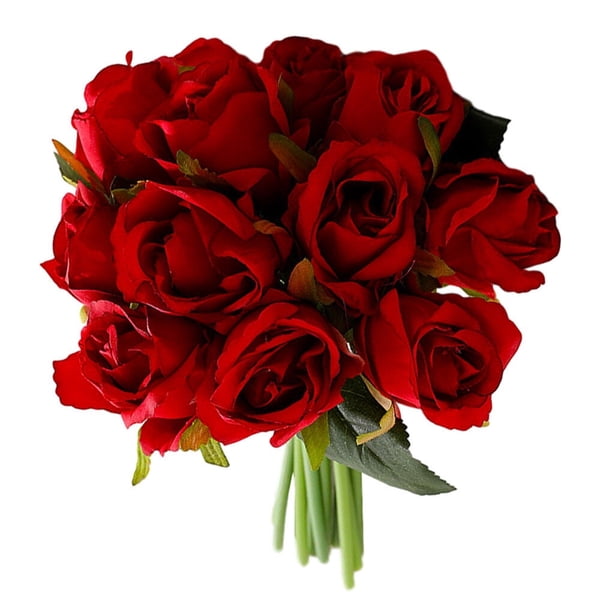 Nvzi Ramo de rosas artificiales de 12 cabezas, paquete de flores para decoración del hogar, adorno de flores para boda, rojo