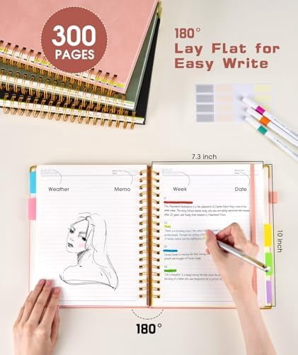 Hardcover Spiral Notebook Journal with Removable Dividers Tabs, 300 Pages Leather 5 Subject Notebook College Ruled, 8"x10" Large B5 Notebooks for Work School Note taking, Lined Journal for Women,