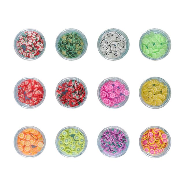 12 cajas de arcilla polimérica para rellenar rodajas de fruta, para almacenar piezas de manicura, rellenos para jarrones, dijes, cuentas, decoración de uñas, rodajas de fruta