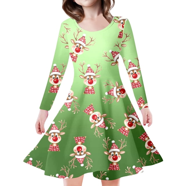 WEAIXIMIUNG Robe Bleue Enfants Filles Tout-Petits Arbres de Noël Imprimé Cerf Robe de Fête à Manches Longues 6-7 Ans