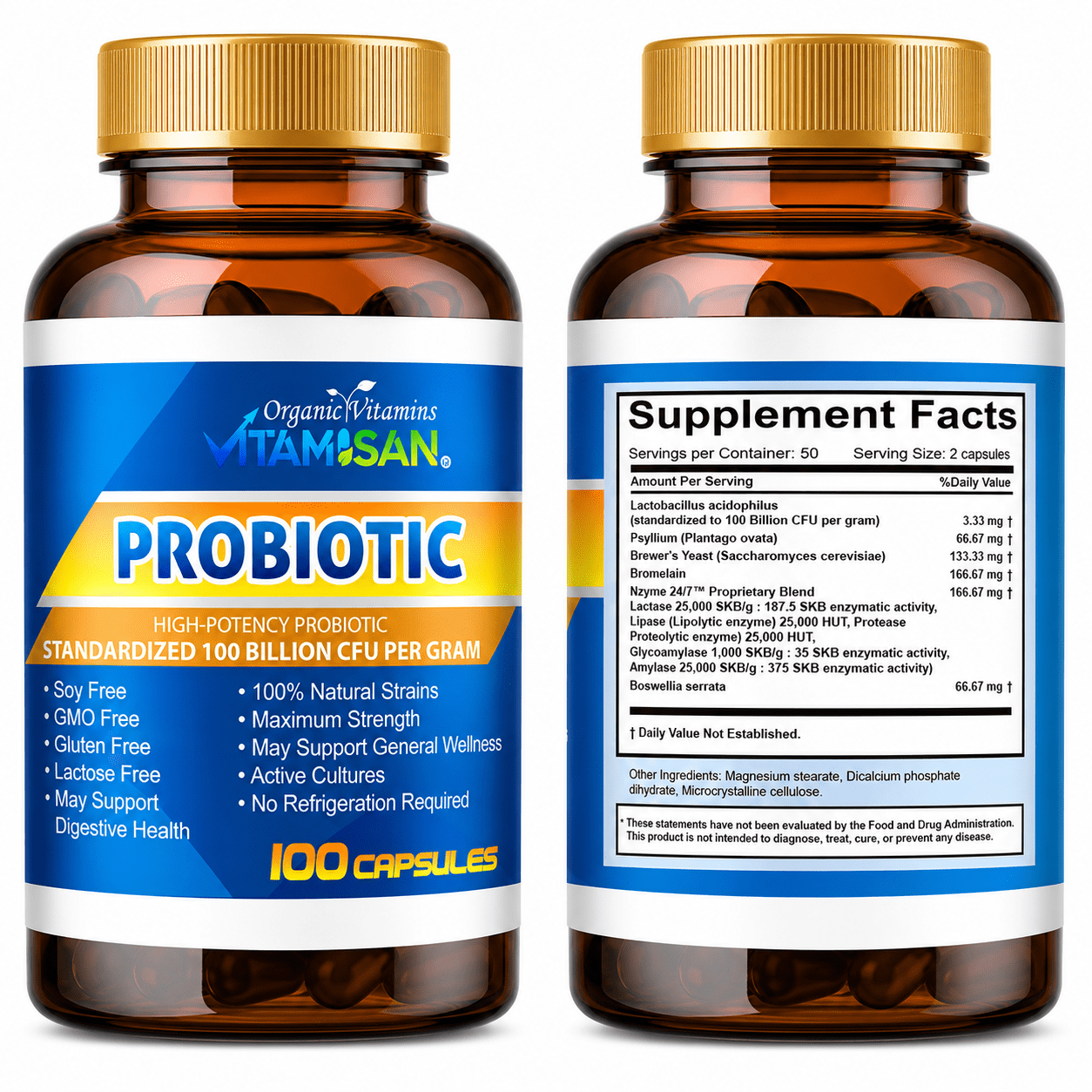 2 Bottles – Probiotic 100 Billion CFU + Plant Enzymes – 200 Caps – Advanced Digestive Support