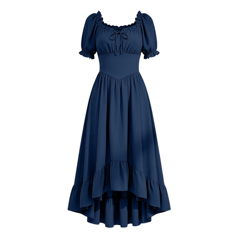 QATAINLAV Regency Dresses for Women Empire Waist Puff Sleeve Medieval Victorian Dress Vintage Flowy Halloween Maxi Long Dress, Blue, XL