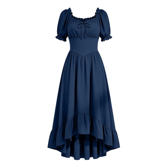 LEKWK Renaissance Dress Women Puff Short Sleeve Ruffled Hem Medieval Dress Corset Waist High Low Flowy Maxi Sundress Halloween Costumes