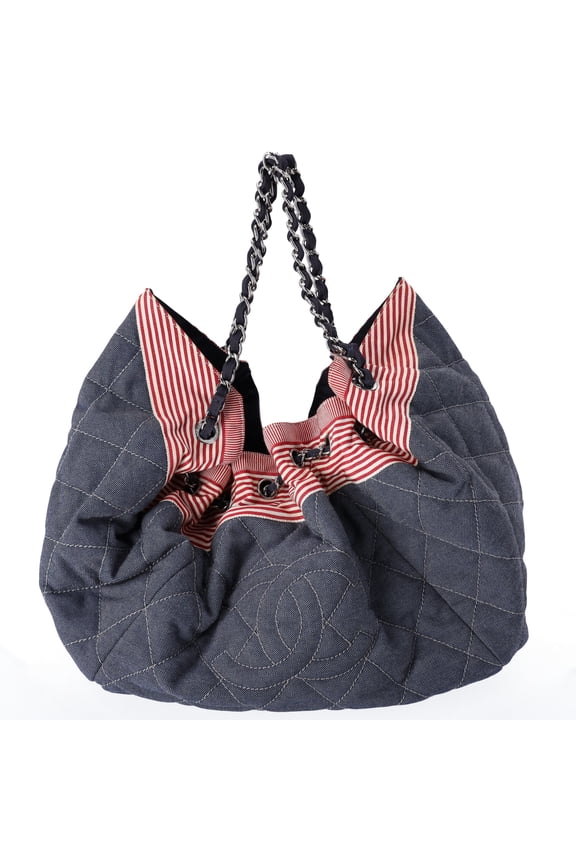 Pre-Owned CHANEL Coco Cabas GM Hobo Tote A46887 Blue Red Navy Denim