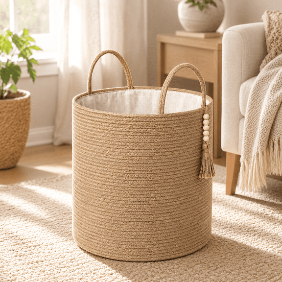TAVENE 15"Wx17.7"L Tall Wicker Laundry Basket with Handles - Natural Rope Woven Storage Basket Wooden Bead Decoration, Living Room Decorative Organizer Bin for Blankets, Toys, Clothes, Shoes, Plant