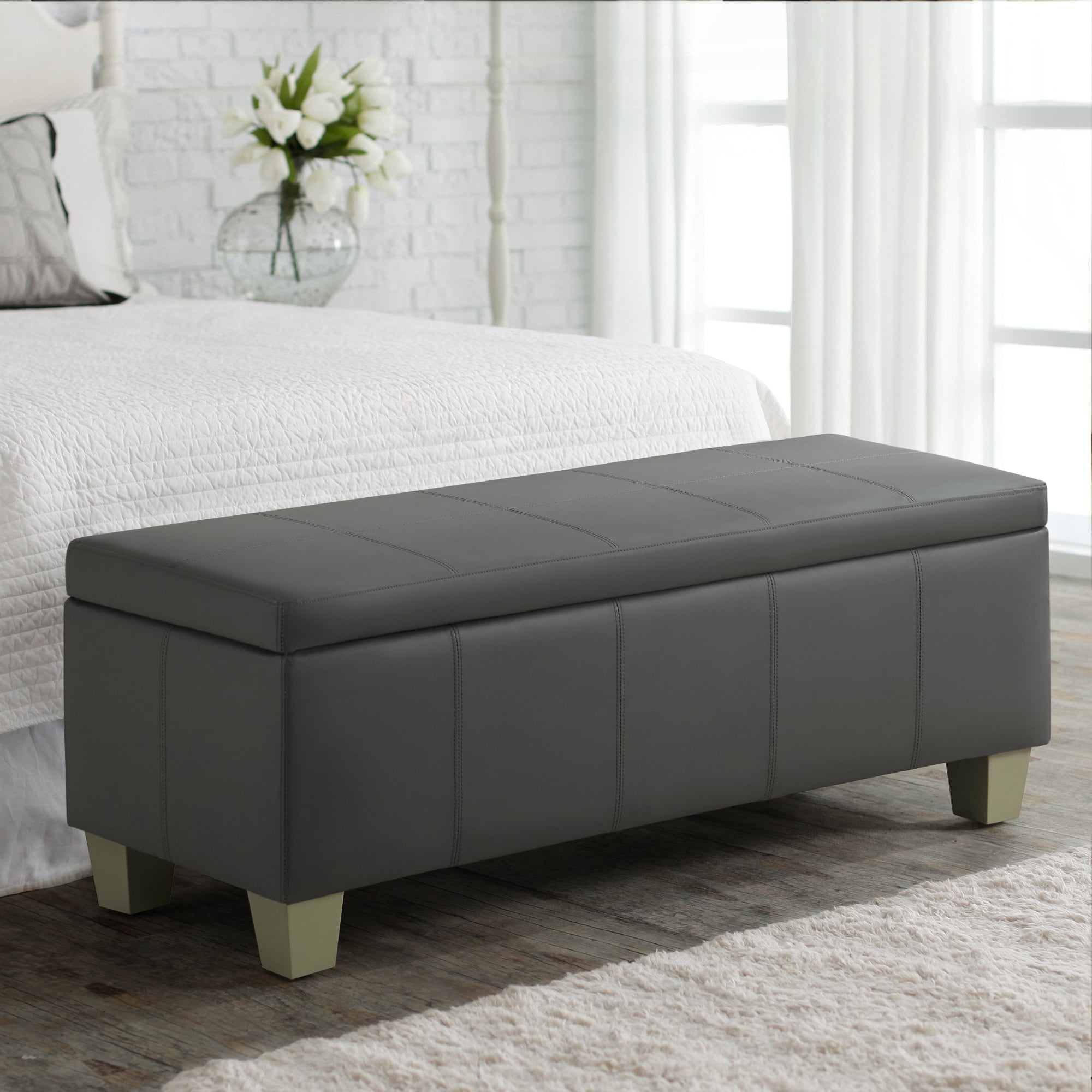 51" Faux Leather Storage Ottoman Bench with Wooden Legs, Tufted Upholstered Seat, Sturdy & Spacious for Bedroom, Entryway, Living Room, Dark Gray