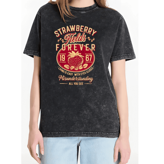 Cozymy Women's Retro "Strawberry Fields Forever" 1967 Quote Graphic Vintage Washed Short Sleeve Crewneck Loose Fit Tee