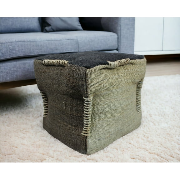 18" Black and Taupe Jute Cube Pouf Ottoman