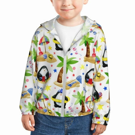 

Ocsxa Penguins On The Beach Print Kids Active Zipper Sun Protection Jacket Boys Girls Hooded Cooling Shirt-2 Years
