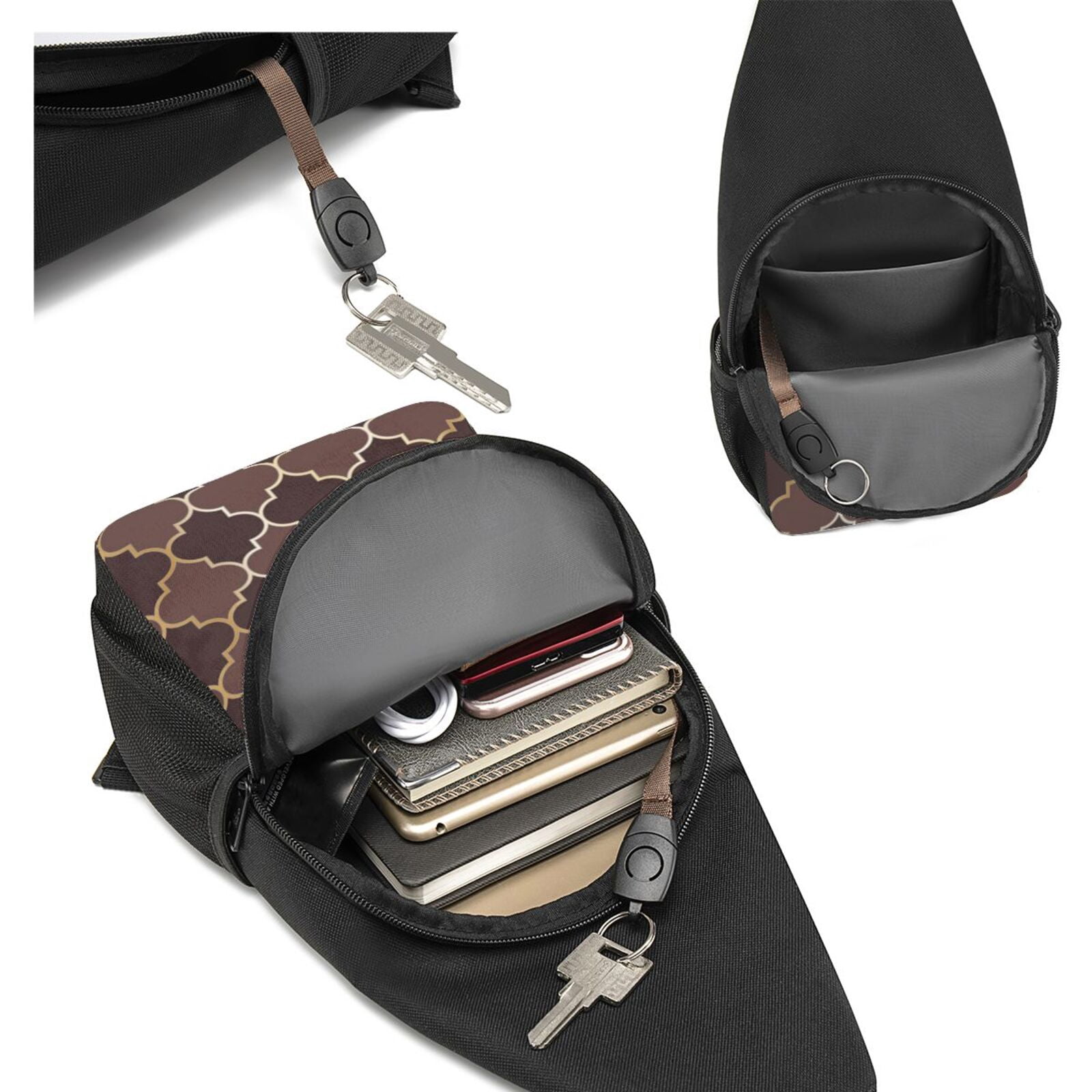 Xecao's Brown Gold Grid Print Sling Bag: A Versatile Chest, Shoulder, and Crossbody Backpack for Casual Days Out, Perfect for Both Men and Women