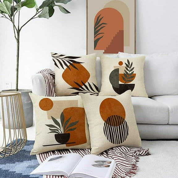Boho Abstract Sun Pillow Covers Mid Century Modern Throw Pillow Covers Minimalist Geometric Leaf Decorative Pillow Cases Bohemian Line Art Pillowcase 18x18 for Outdoor Couch Patio