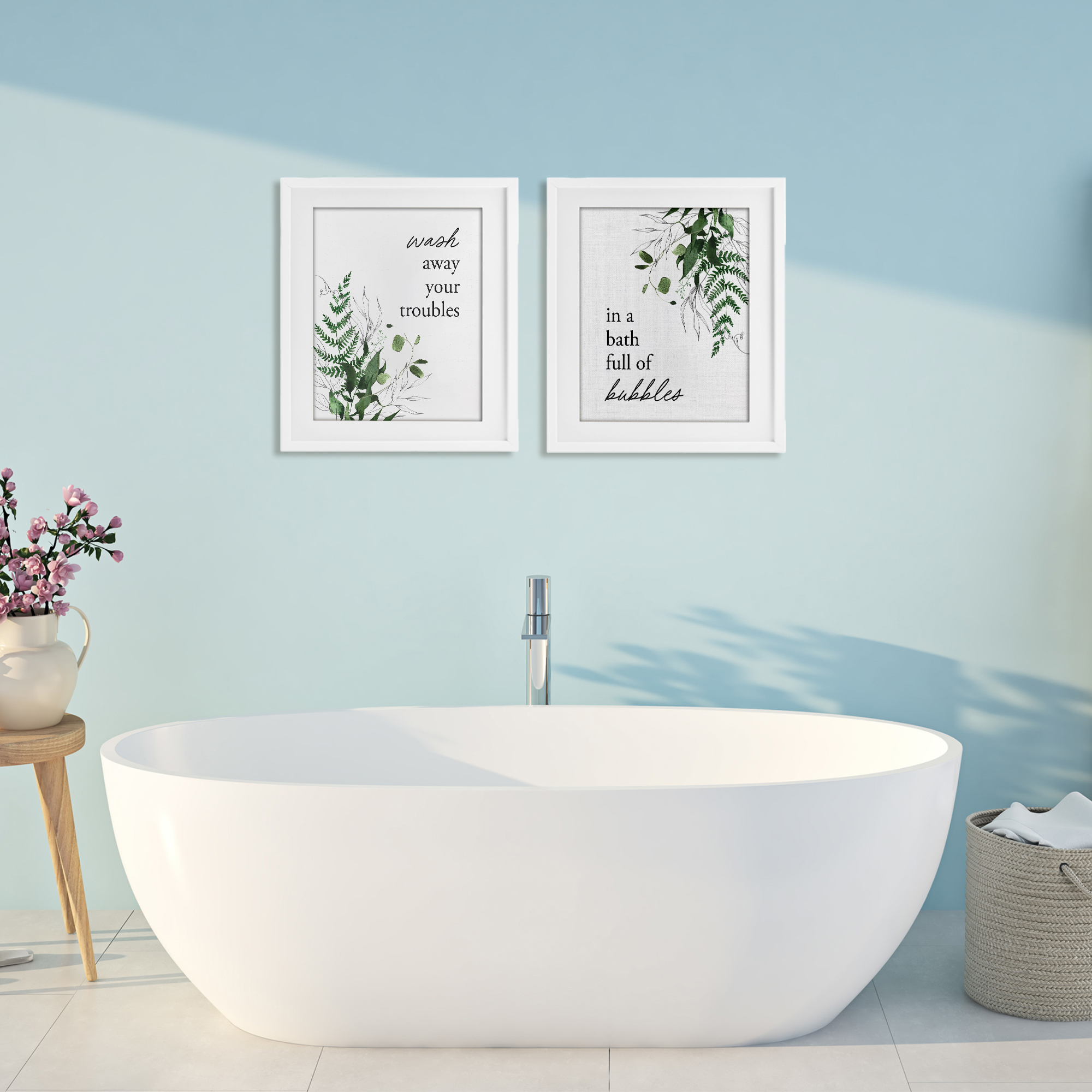 Bubble Bath with Forest Foliage 2 Piece White Framed Print Under Glass Set, design by Lettered and Lined