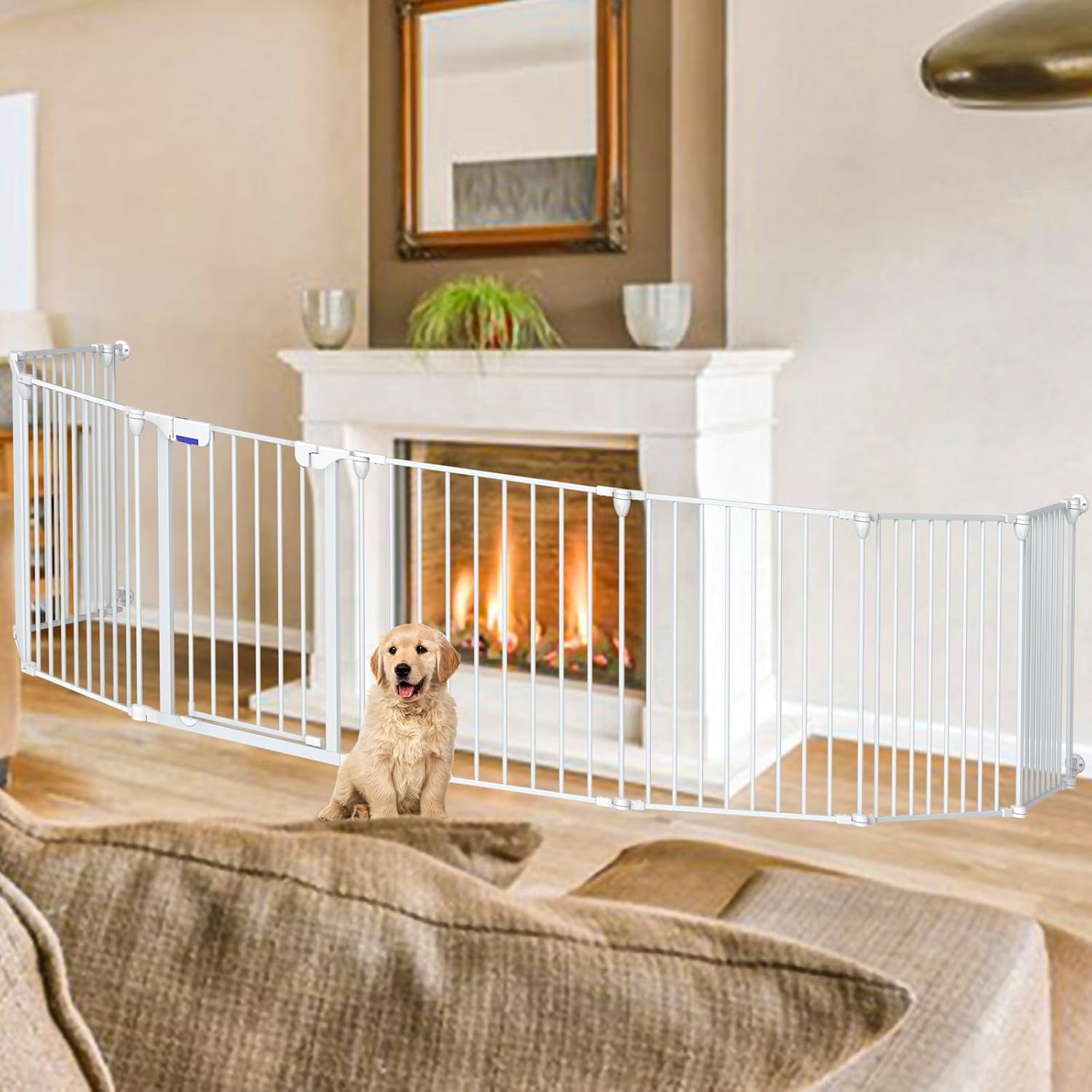 Kfvigoho Dog Gate 35"-149" Extra-Wide Gate for Stairs, Freestanding wire pet door, fireplace dual-locking system with automatic door closing feature, collapsible 6 steel panels (White, 8 panels)