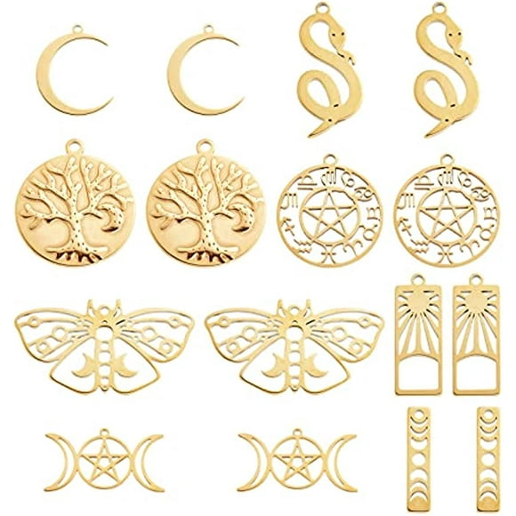 1 Box 16Pcs 18K Gold Plated Stainess Steel Tarot Style Tree of Life Charms Moon Phase Snake Charm Triple Goddess Moon