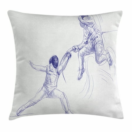 Fencing Cover - Sports Throw Pillow Cushion Cover, Sketch of Two Sportsman Fencing Duel Swordplay Agility Attack Action Discipline, Decorative Square Accent Pillow Case, 18 X 18 Inches, Blue White, by Ambesonne