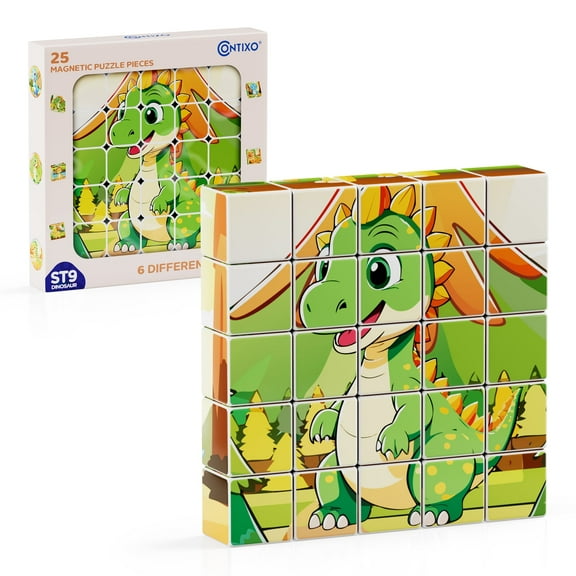 Contixo ST9 25-Piece Magnetic Dinosaur Puzzle Blocks – 6 Puzzles in One, STEM Learning Toy for Kids Ages 3 