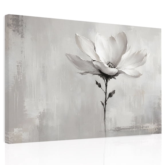 White Floral Canvas Print Wall Art Modern Minimalist Art Botanical Flower Petal Grey Wall Decor Modern Artwork Paintings Pictures for Living Room Stretched and Framed Ready to Hang - 12" x 16"