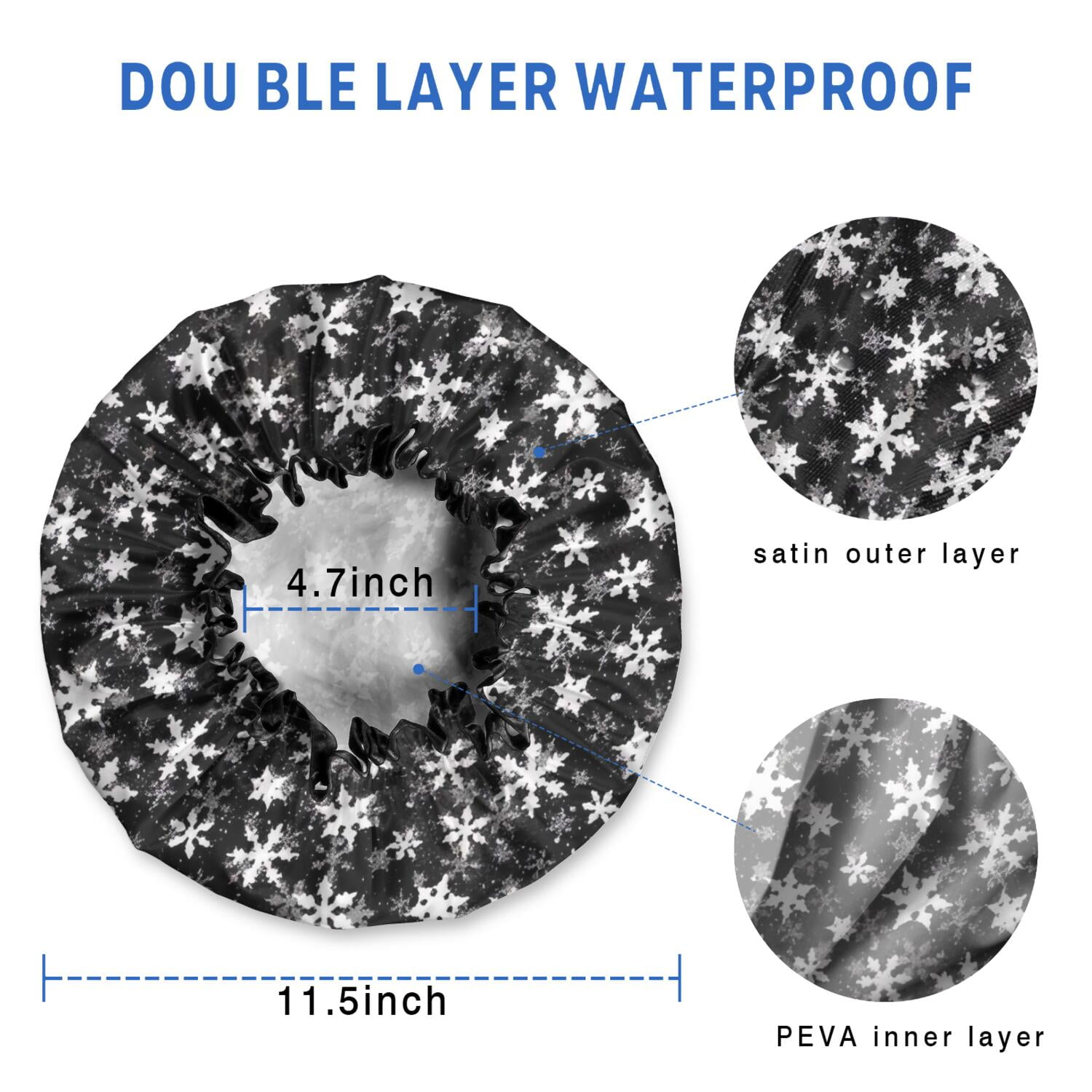 Shower Caps,Black Christmas Snowflake Pattern Waterproof Shower Cap for Women 4 Pieces,Double Reusable Hair Cover for Shower PEVA Elastic Stretch Hem