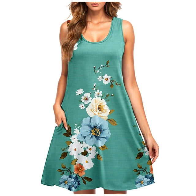 Staron Robes d'Été pour Femmes en Liquidation à Moins de 10 $ Maillot de Bain Décontracté Col Rond Sans Manches Robe de Soleil avec Poche Ample Imprimé Floral de Printemps Vacances