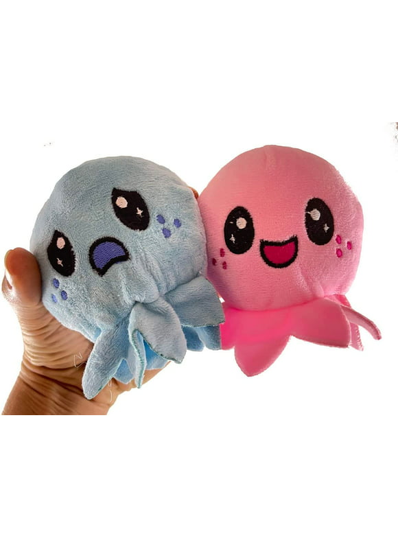 Set of 2 Cute Octopus Animal Happy Sad Plush Flip Inside Out Animals on Clip - Flip From Happy to Angry - Reversible (Random Colors)