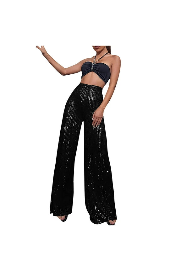 Sequin Pants Womens Plus Size High Waist Wide Leg Straight Pants Casual Solid Color Baggy Comfort Pants Soft Loose Pants Black 3XL