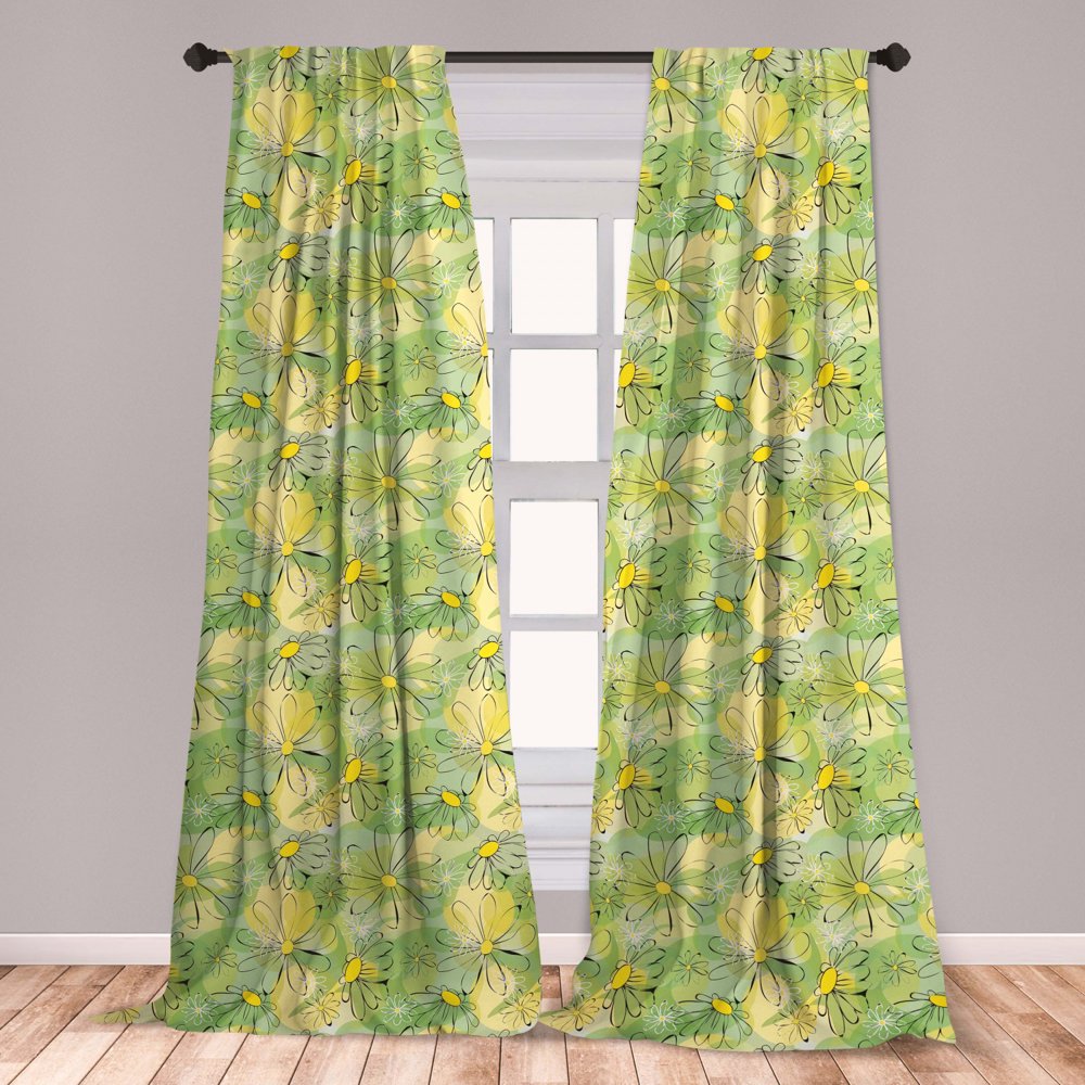 Floral Curtains 2 Panels Set, Doodle Nostalgic Branches Daisies on